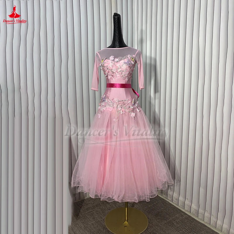 Ballroom Dance Dress Women's Pink Floral Embroidered Mesh Tulle Long Sleeve Open Back Waltz Foxtrot Standard Dance Gown