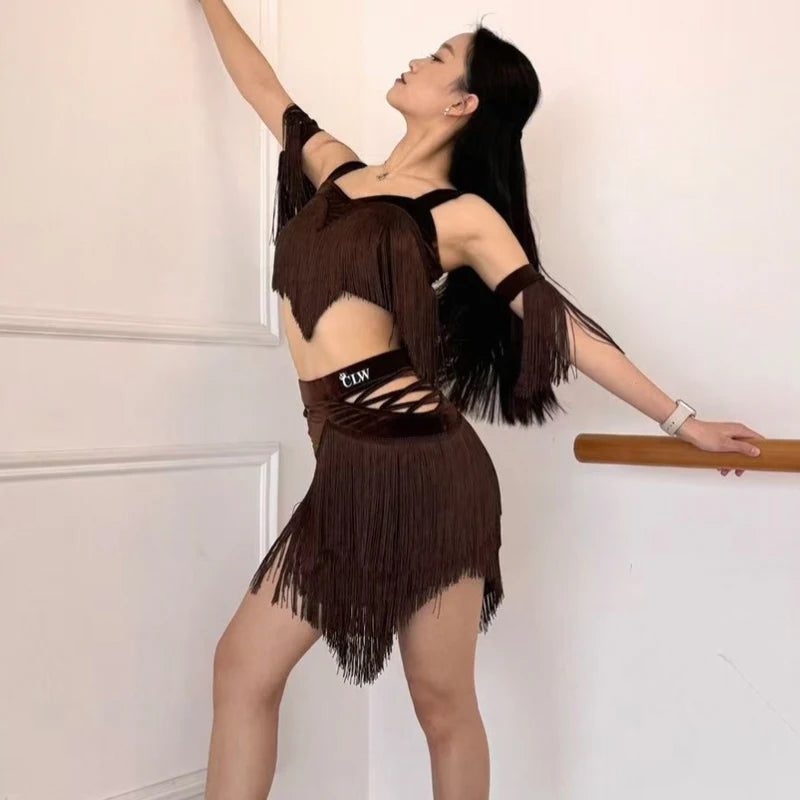 Latin Dance Women's Brown Fringe Two-Piece Set with Armbands