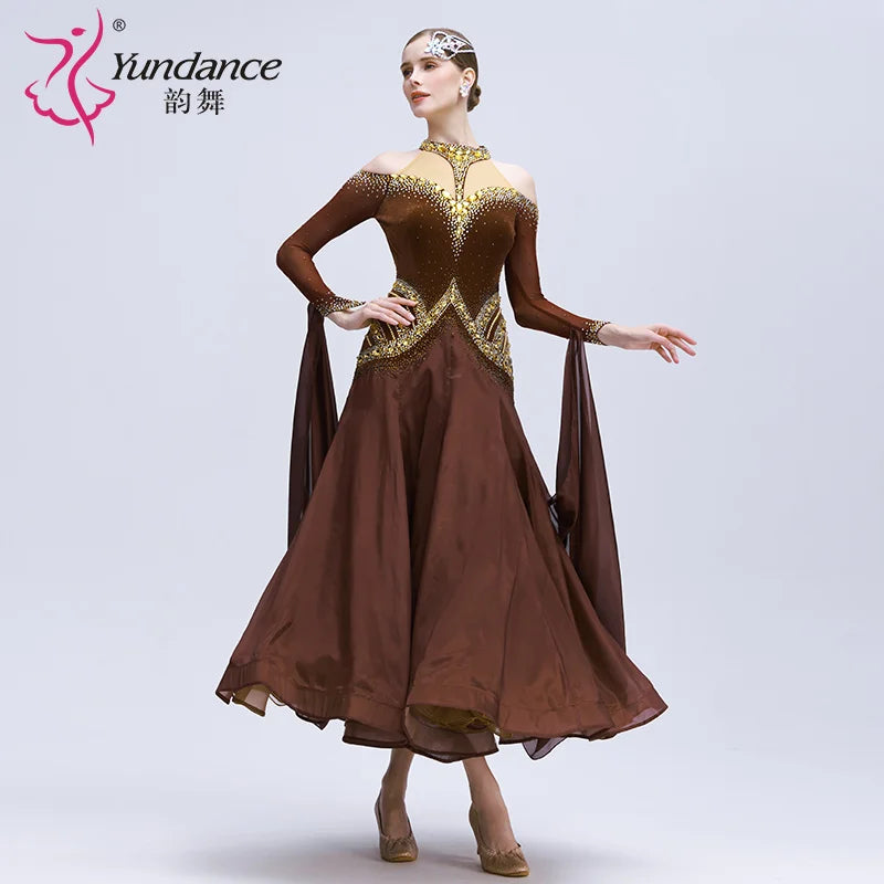 Women's Standard Ballroom Dance Dress With Rhinestones Long Chiffon Coffee For Competition
