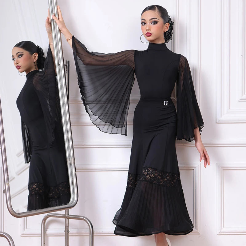 Women's Black Ballroom Dance Dress with Pleated Chiffon Sleeves and Lace Hem