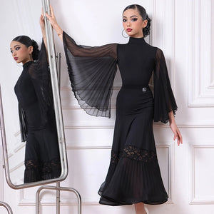 Women's Black Ballroom Dance Dress with Pleated Chiffon Sleeves and Lace Hem