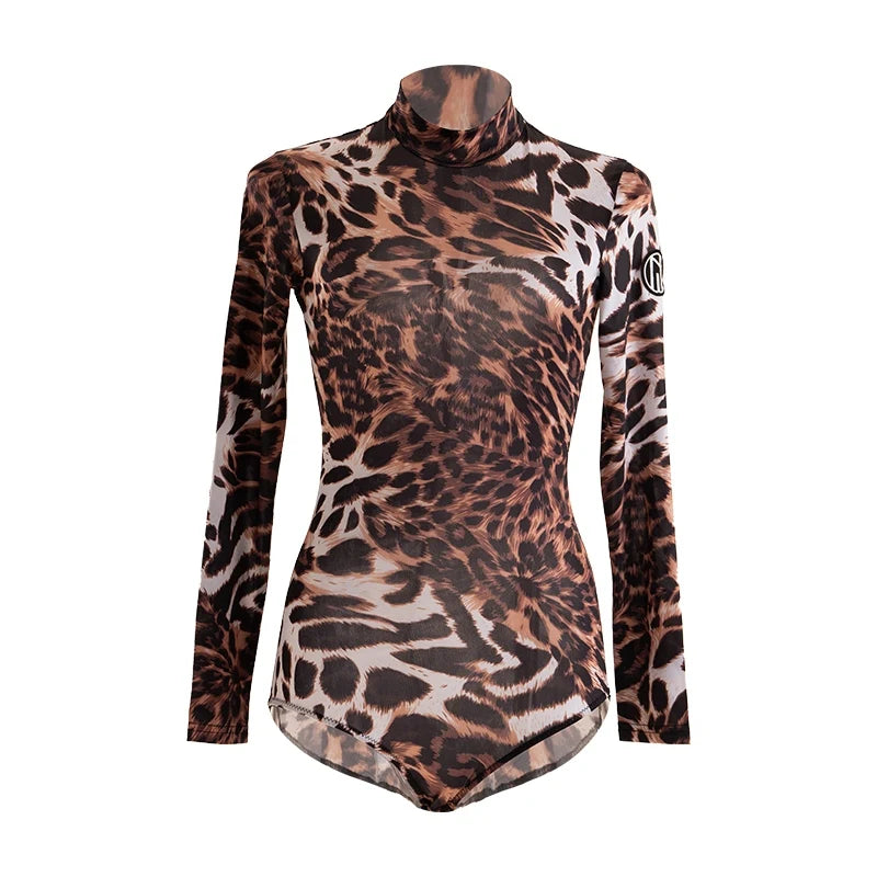 Women's Leopard Print Mesh Long Sleeve Bodysuit with Fringe Skirt Latin Dancewear