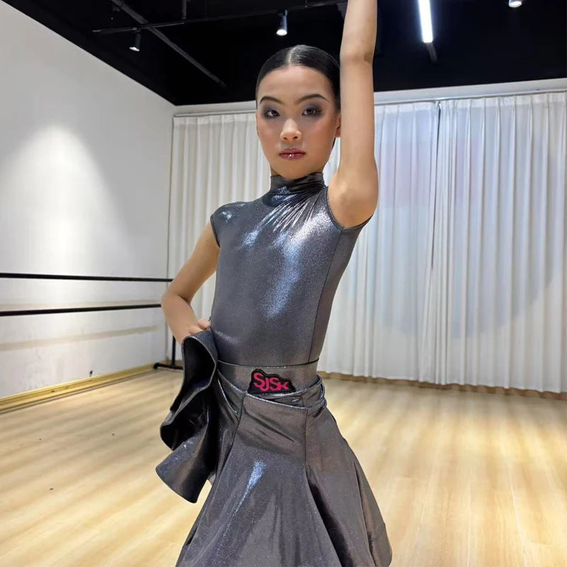 Girls' Silver Shimmer Mock Neck Short Sleeve Ruffled Latin Ballroom Dance Dress