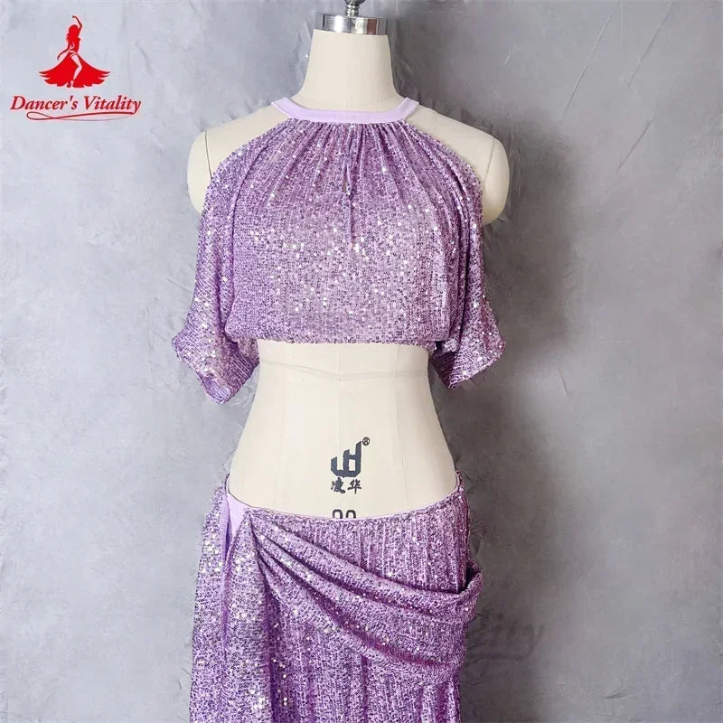 Belly Dance Costume, Women's, Lavender Sequin Halter Crop Top and Draped Slit Maxi Skirt, Performance Wear