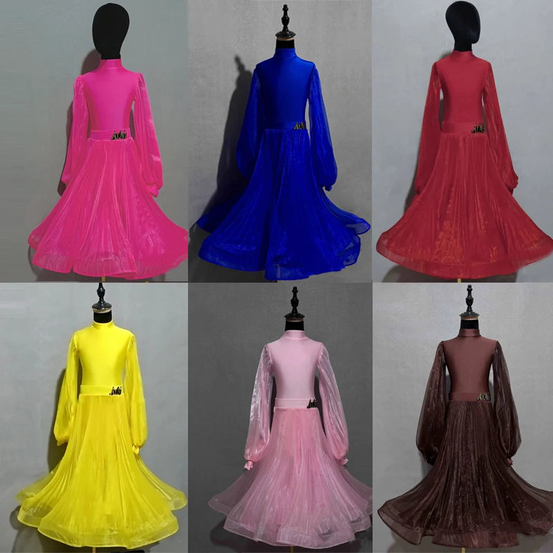 Children's Ballroom Dance Dress, Hot Pink, Royal Blue, Red, Yellow, Light Pink, Brown, Long Sleeve Mesh Skirt, Standard Latin Tango Waltz.