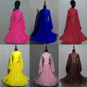 Children's Ballroom Dance Dress, Hot Pink, Royal Blue, Red, Yellow, Light Pink, Brown, Long Sleeve Mesh Skirt, Standard Latin Tango Waltz.