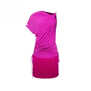 Women's Blue One-Shoulder Ruched Fringe Latin Dance Dress