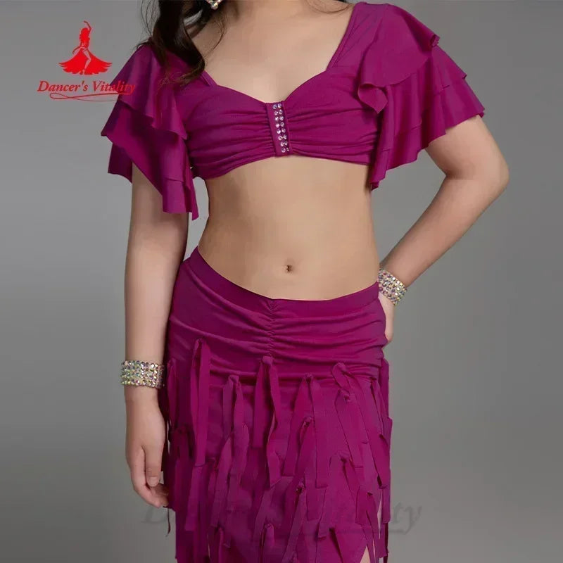 Girls Aqua Belly Dance Costume, Ruffled Crop Top, Fringe Skirt with Slit, Performance Wear