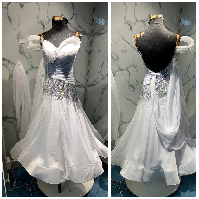 Women's White Off-Shoulder Sweetheart Neckline Rhinestone Embellished Flowy Ballroom Dance Dress