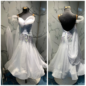 Women's White Off-Shoulder Sweetheart Neckline Rhinestone Embellished Flowy Ballroom Dance Dress