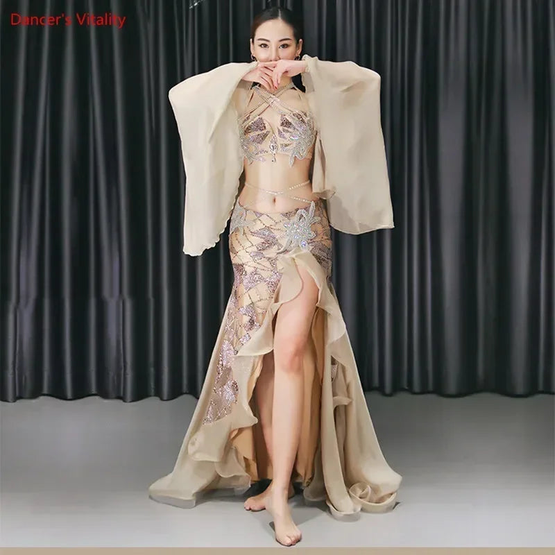 Belly Dance Costume Women's Silver Sequin Halter Top Chiffon Sleeve Slit Skirt Set, Adult