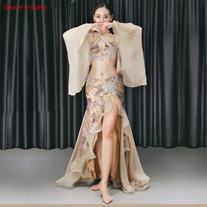 Belly Dance Costume Women's Silver Sequin Halter Top Chiffon Sleeve Slit Skirt Set, Adult