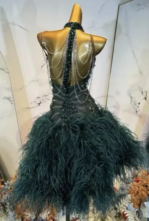Latin Dance Dress Women's Emerald Green Halter Neck Beaded Fringe Ostrich Feather Rhinestone Ballroom Salsa Cha Cha Rumba Performance Gown