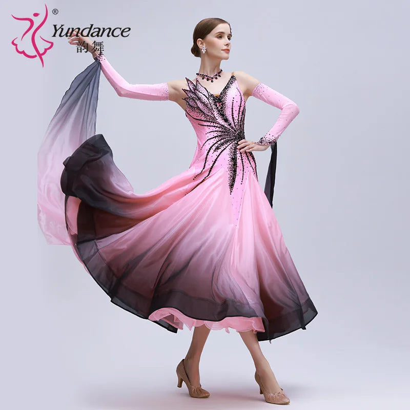 Women's Custom Standard Ballroom Dance Dress With Ombre Silk And Pearl Embellishments For Competition