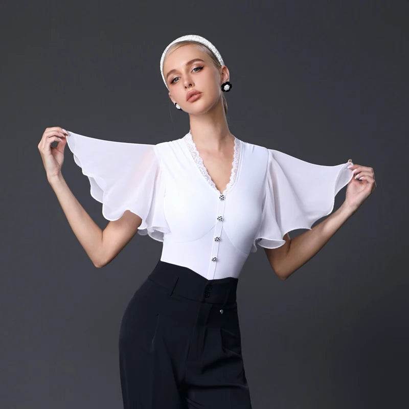 Ballroom Dance Bodysuit Women's White and Black V-Neck Lace Trim Chiffon Sleeve Button Front Jumpsuit