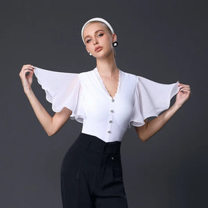 Ballroom Dance Bodysuit Women's White and Black V-Neck Lace Trim Chiffon Sleeve Button Front Jumpsuit
