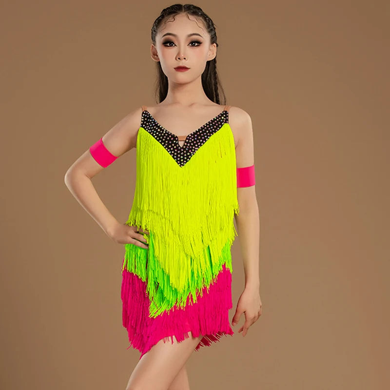 Girls' Neon Green & Hot Pink Fringe Sequin Latin Dance Dress