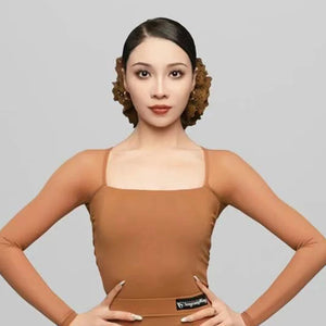 Women's White & Brown Square Neck Long Sleeve Ruffled Latin Dance Dress with Mesh Sleeves