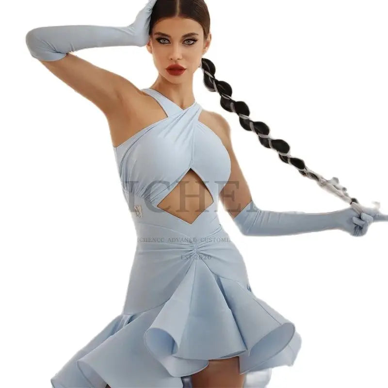 Women's Light Blue Halter Cutout Ruffled Latin Dance Dress with Gloves