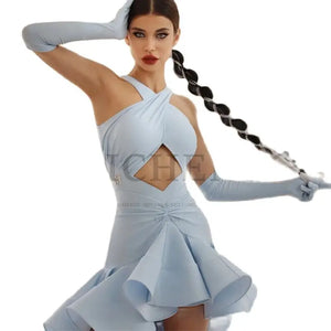 Women's Light Blue Halter Cutout Ruffled Latin Dance Dress with Gloves