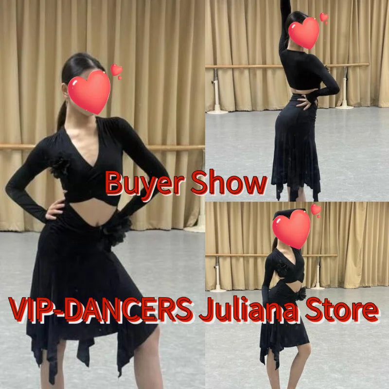 Women's Black & Leopard Print Long Sleeve Cutout Floral Applique Asymmetrical Hem Latin Dance Dress