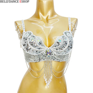 Women's Red Sequin & Pearl Beaded Belly Dance Bra Top with Shoulder & Waist Chains