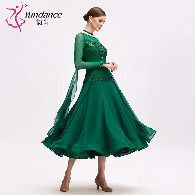 Women's Standard Ballroom Dance Dress Long Chiffon Green For Competition