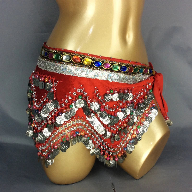 Belly Dance Hip Scarf, Women's Blue Gold Coin & Jewel Embellished Chiffon Waist Wrap, Tribal Fusion Bellydance