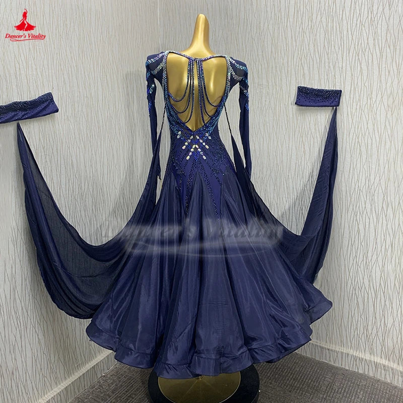 Social Dance Dark Blue Long Sleeves Professional Modern Big Swing Dresses Customized Adult Waltz Foxtrot Tango Contest Clothing