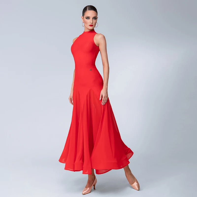 Women's Red High Neck Sleeveless Back Lace-Up Ballroom Dance Dress