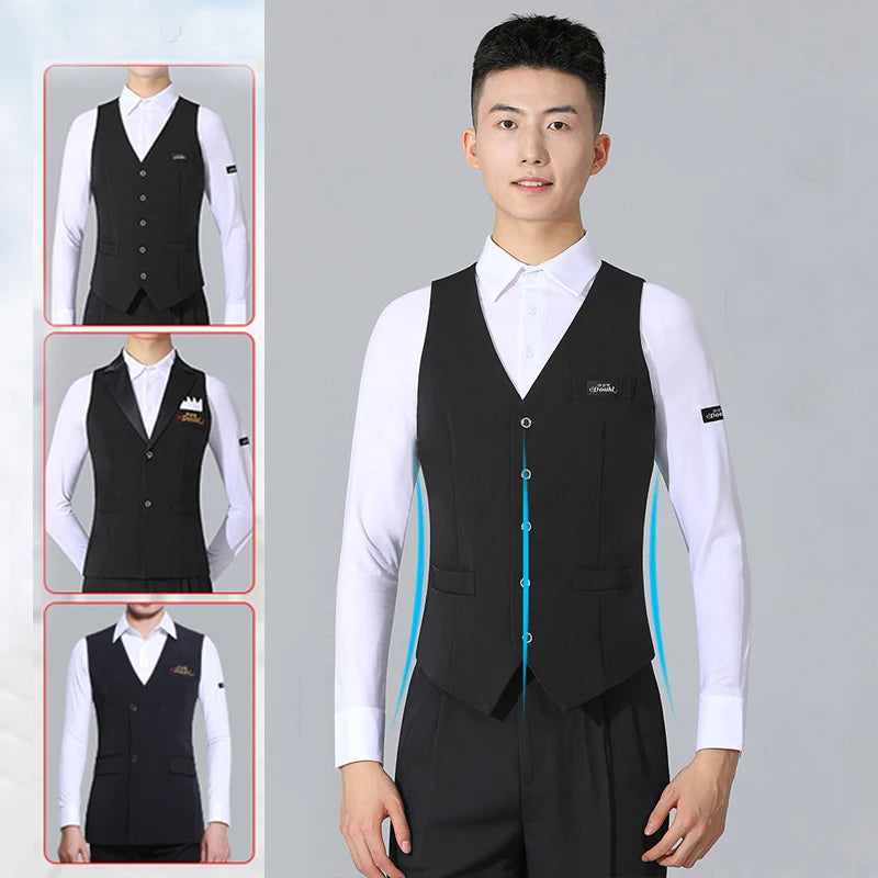 Men's Black V-Neck Button-Up Vest with Pockets for Ballroom Dance