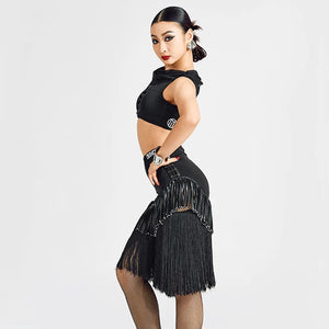 Women's Black Fringe Latin Dance Top and Skirt Set with Lacing Detail, Mesh Neckline