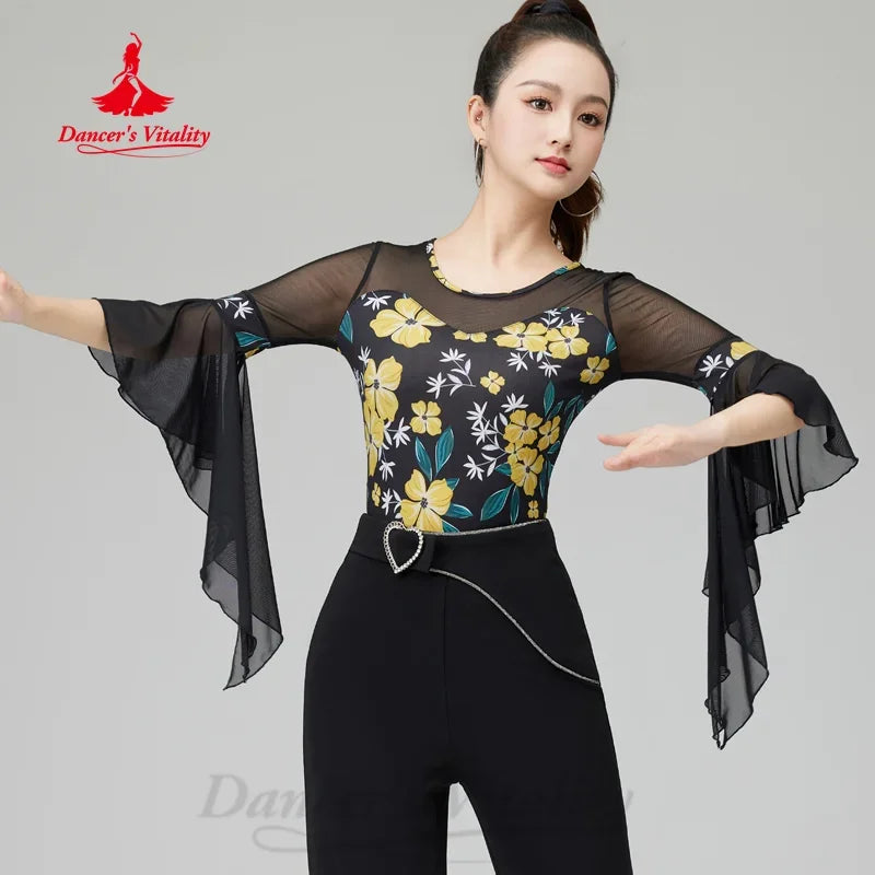 Women's Black & Yellow Floral Mesh Bell Sleeve Latin Dance Top