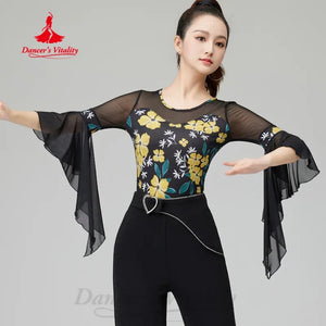 Women's Black & Yellow Floral Mesh Bell Sleeve Latin Dance Top