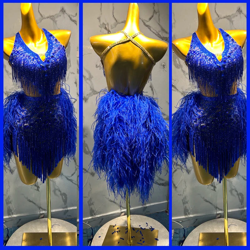 Women's Blue Sequin Fringe and Feather Latin Dance Dress