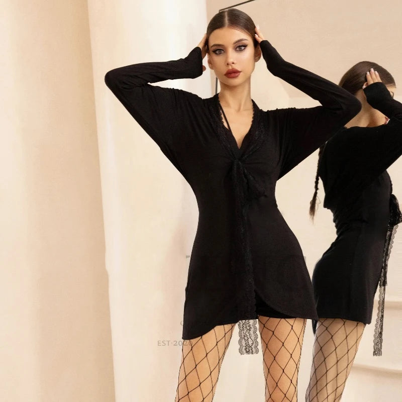 Women's Black Lace Trim Long Sleeve Wrap Dance Dress with Fishnet Tights