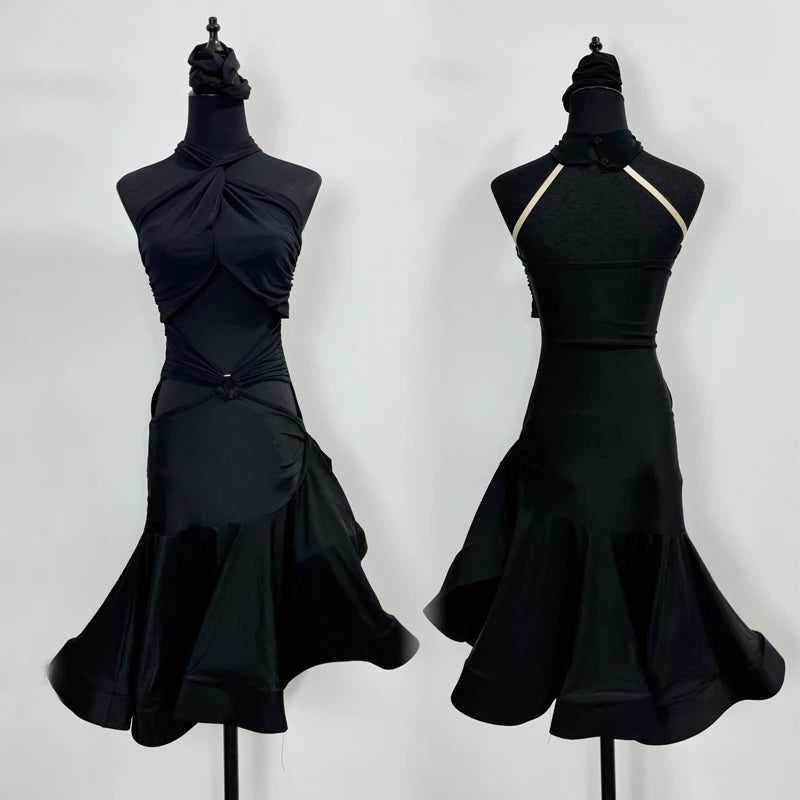 Latin Dance Dress Women's Black Neon Yellow Red Halter Cutout Knot Detail Ruffled Hem Performance Costume
