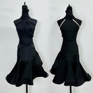 Latin Dance Dress Women's Black Neon Yellow Red Halter Cutout Knot Detail Ruffled Hem Performance Costume