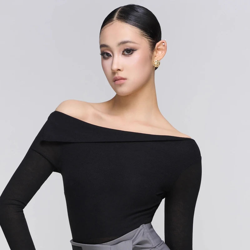 Women's Off-Shoulder Long Sleeve Dance Top, White, Black, or Tan, with High-Waisted Wide Leg Trousers, Brown, Grey, or Black, for Latin Ballroom Dance
