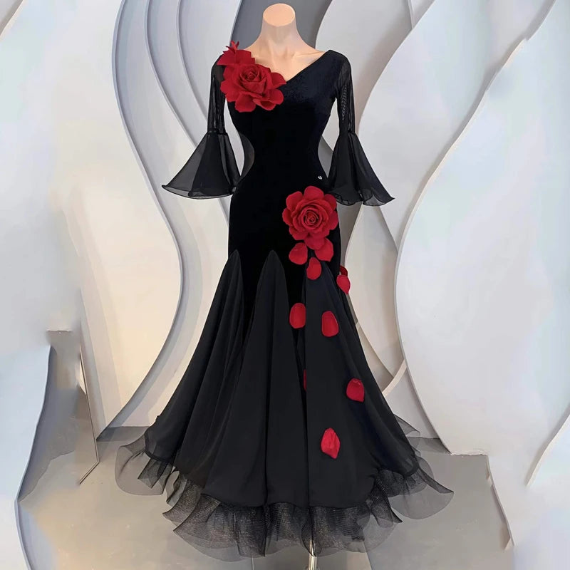 Women's Black Velvet & Chiffon Ballroom Dance Dress with Red Rose Appliques