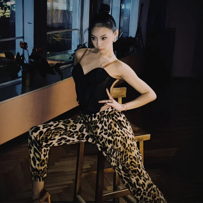 Women's Black Sweetheart Bodysuit with Leopard Print Jogger Pants, Ballroom Dance Outfit