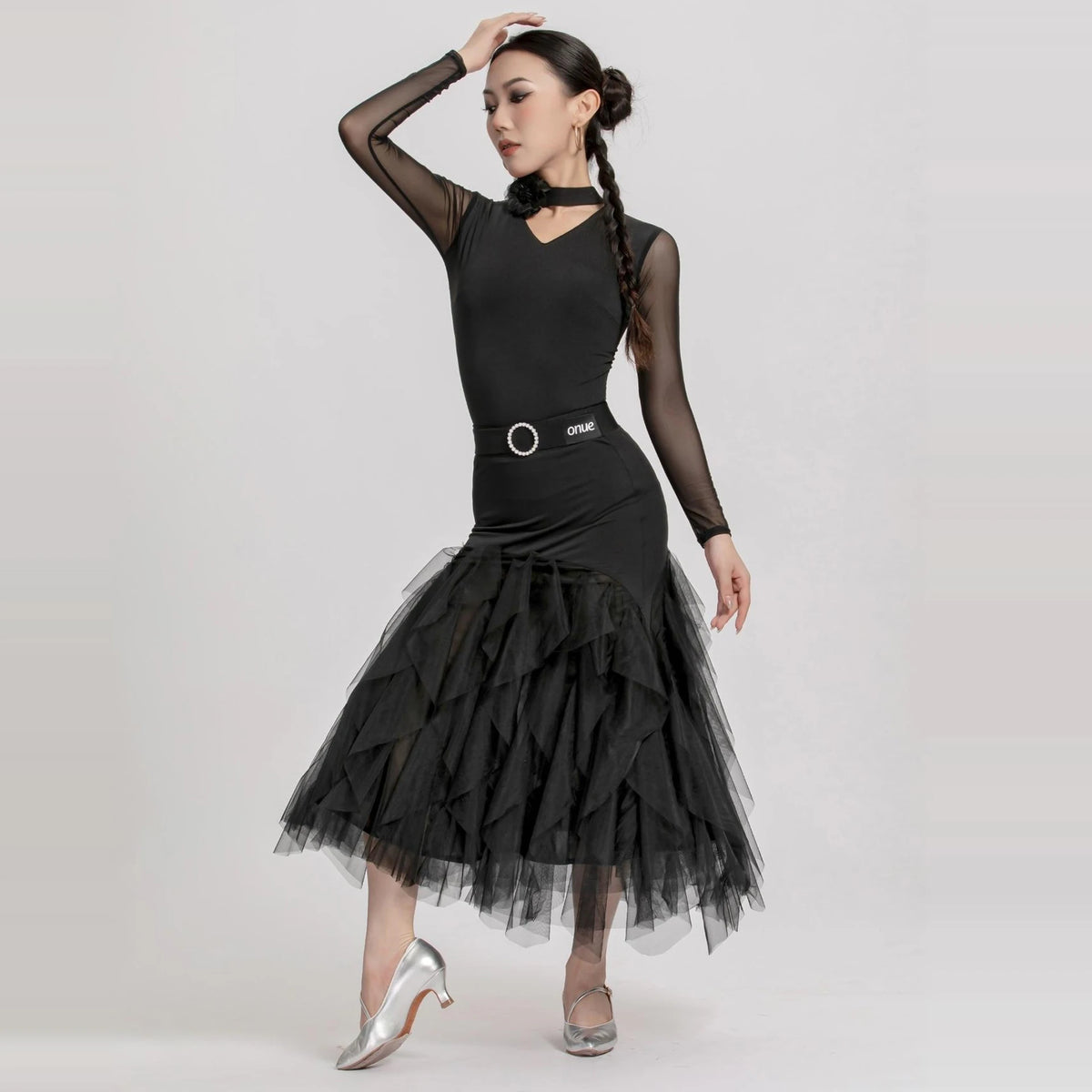 Ballroom Dance Dress Women's Black Mesh Long Sleeve V-Neck Ruffle Skirt with Belt, Latin Dance