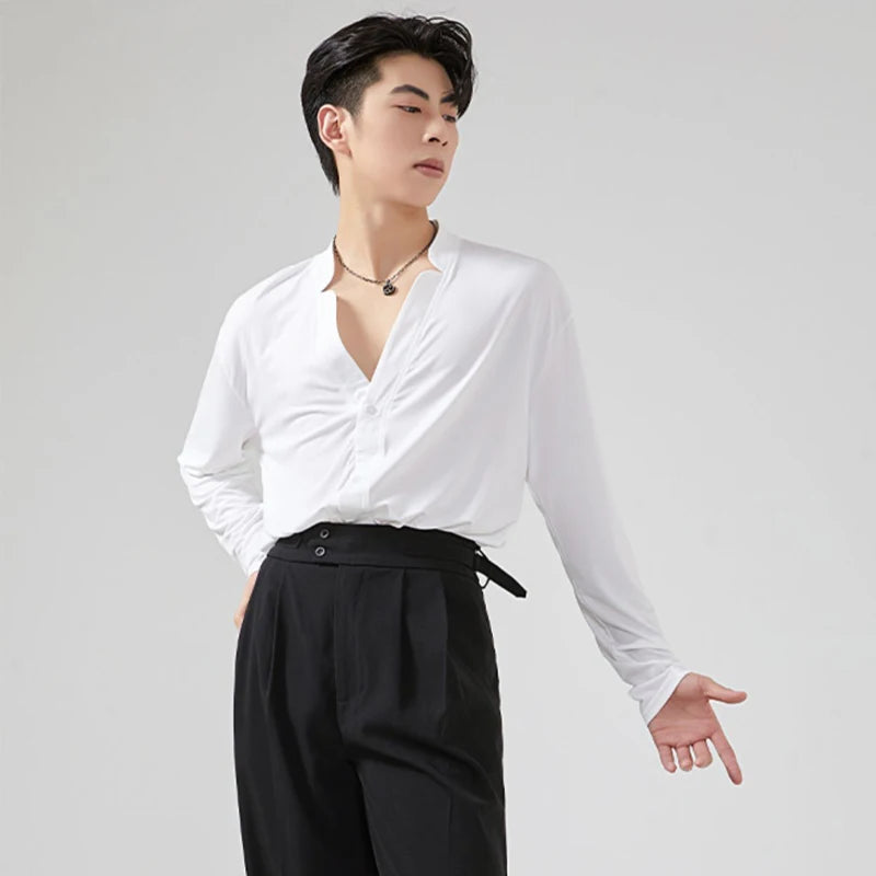 Men's Black Loose Fit V-Neck Long Sleeve Shirt for Ballroom Dance