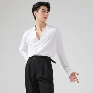 Men's Black Loose Fit V-Neck Long Sleeve Shirt for Ballroom Dance