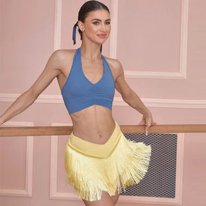 Women's Halter Neck Ruched Crop Top & Layered Fringe Latin Dance Skirt Set