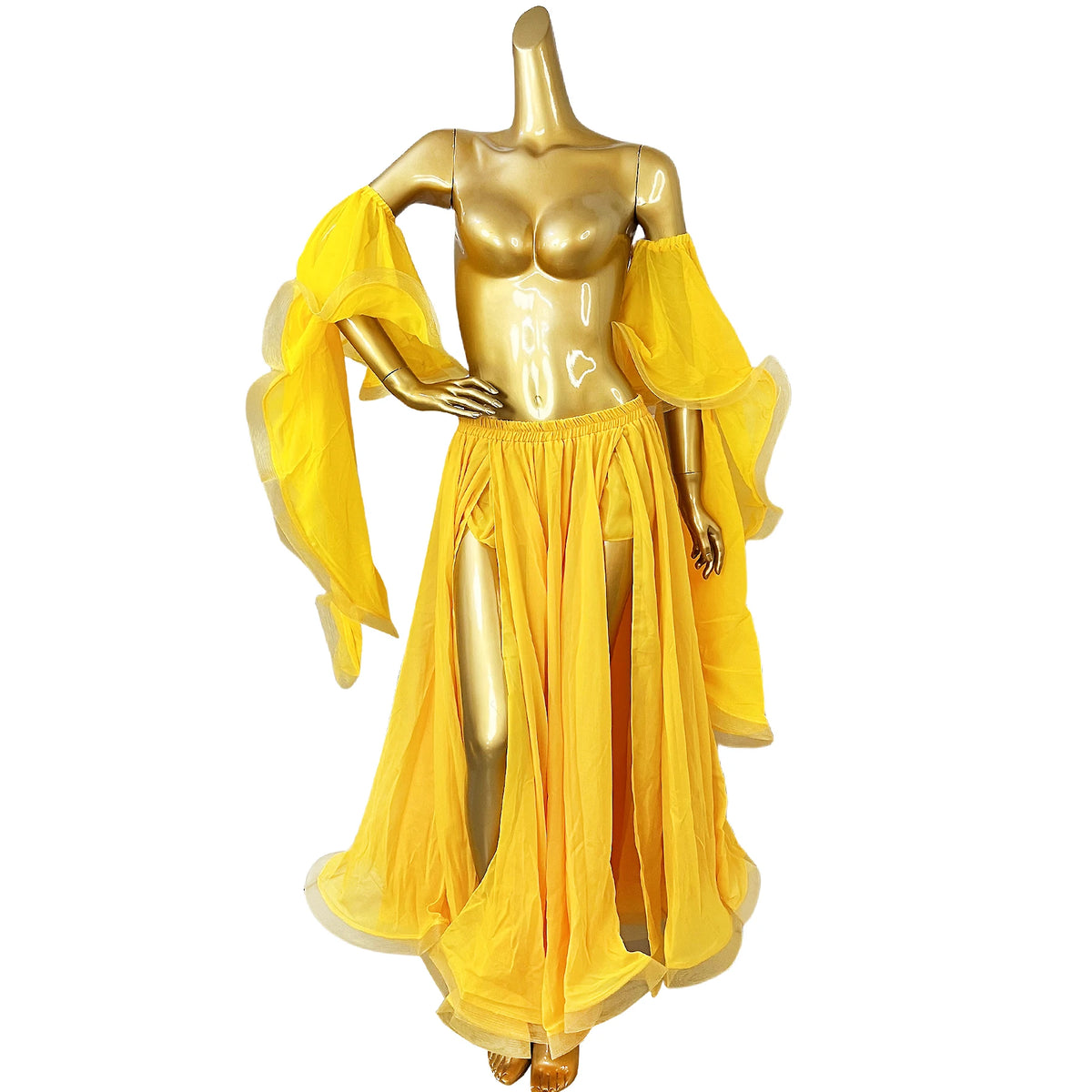 Belly Dance Costume, Women's Red Chiffon Long Sleeve Top and Slit Skirt Set, Performance Wear