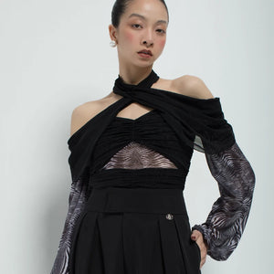 Women's Black Halter Off-Shoulder Ruched Mesh Top with Zebra Print Sleeves, Contemporary Dance