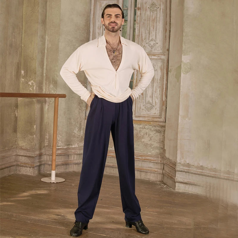 Men's Ballroom Dance Shirt & Pants Set, Cream Long Sleeve V-Neck Shirt, Navy Blue Pleated Pants, Black Long Sleeve V-Neck Shirt, Black Pleated Pants, Black Long Sleeve Crew Neck Shirt, Cream Pleated Pants