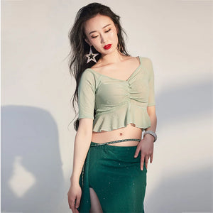 Women's Green Glitter Slit Maxi Skirt & Ruffled V-Neck Top Belly Dance Costume