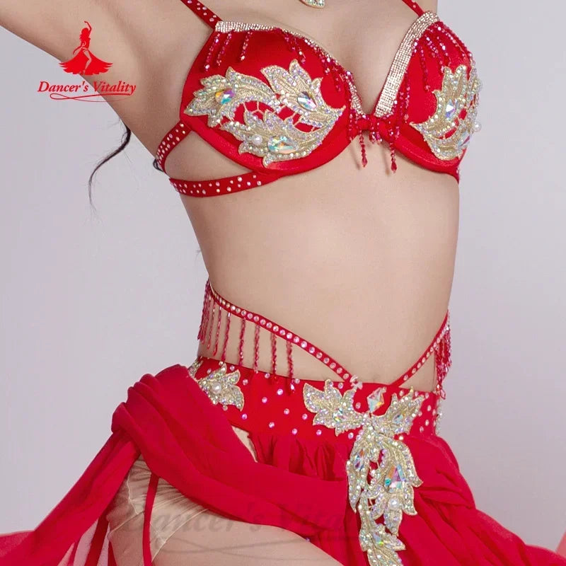 Women's Belly Dance Costume Set With AB Rhinestone Bra Top, Sleeves And Chiffon Long Skirt For Competition